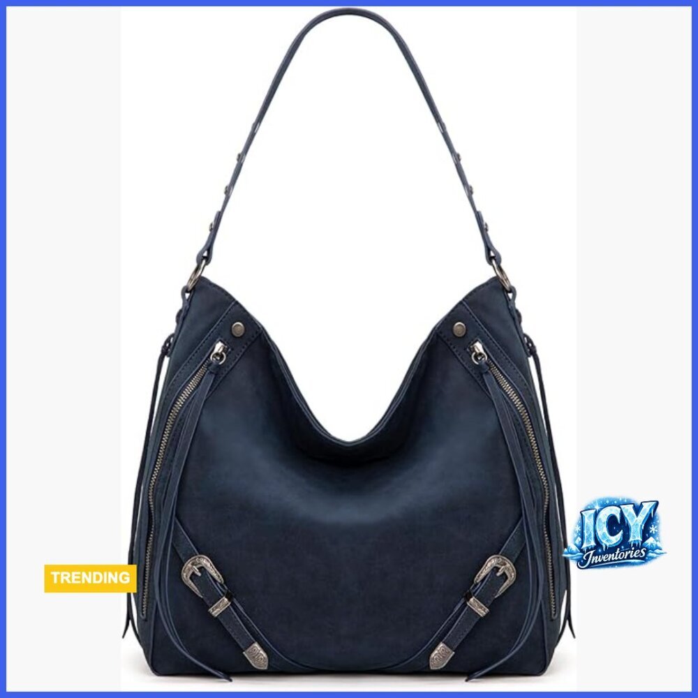 Large Faux Suede Hobo Bag with Fringe and Buckle Shoulder Purse